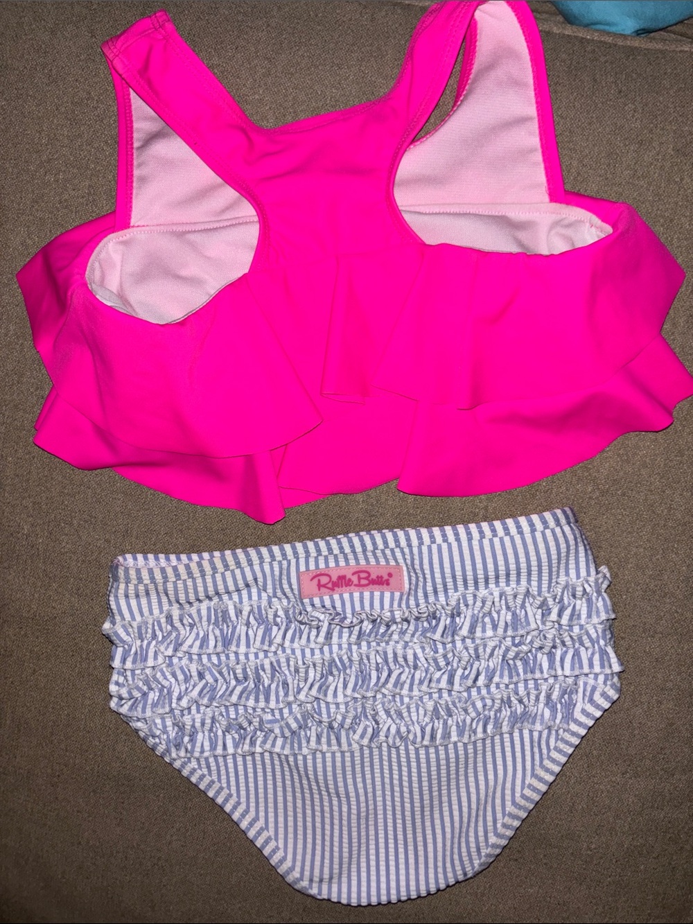 Rufflebutts flounce top Set - Hot Pink Top with Blue Stripe Bottom 8 10